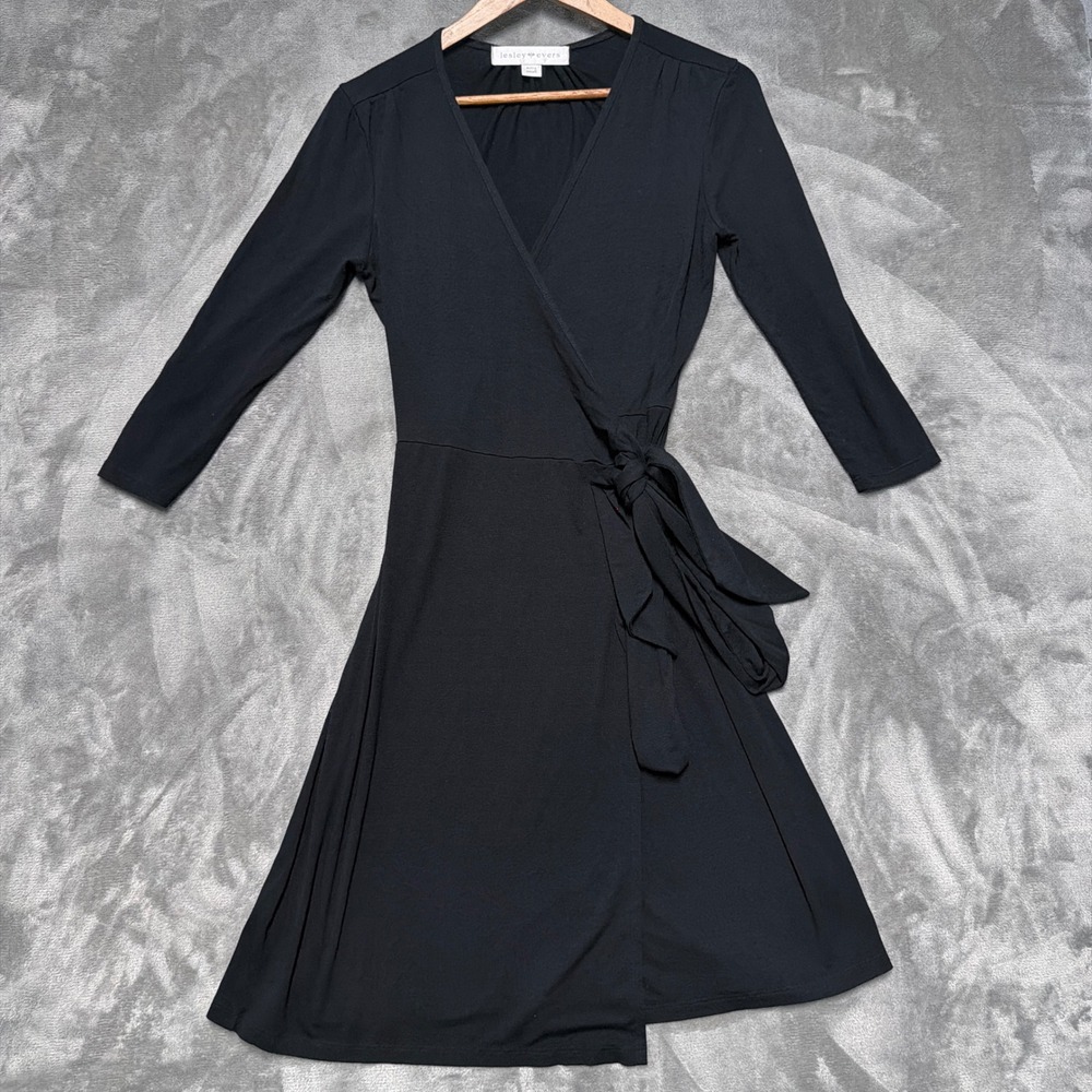 Lesley Evers Wrap Dress Womens Extra Small Black Long Sleeve V-Neck Knee Length